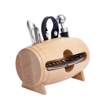 Set de accesorii pentru vin, în formă de butoi, cu deschizător de vin, dop de vin, tăietor de folie și alte accesorii