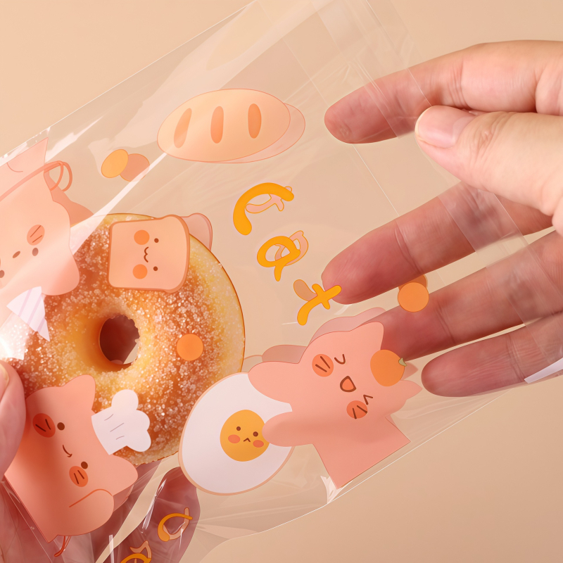 Pungi transparente autoadezive pentru ambalare, mari dimensiuni 14×14+3 cm și 10×10+3 cm, pentru gustări precum chifle cu ananas, prăjituri cu gălbenuș și biscuiți