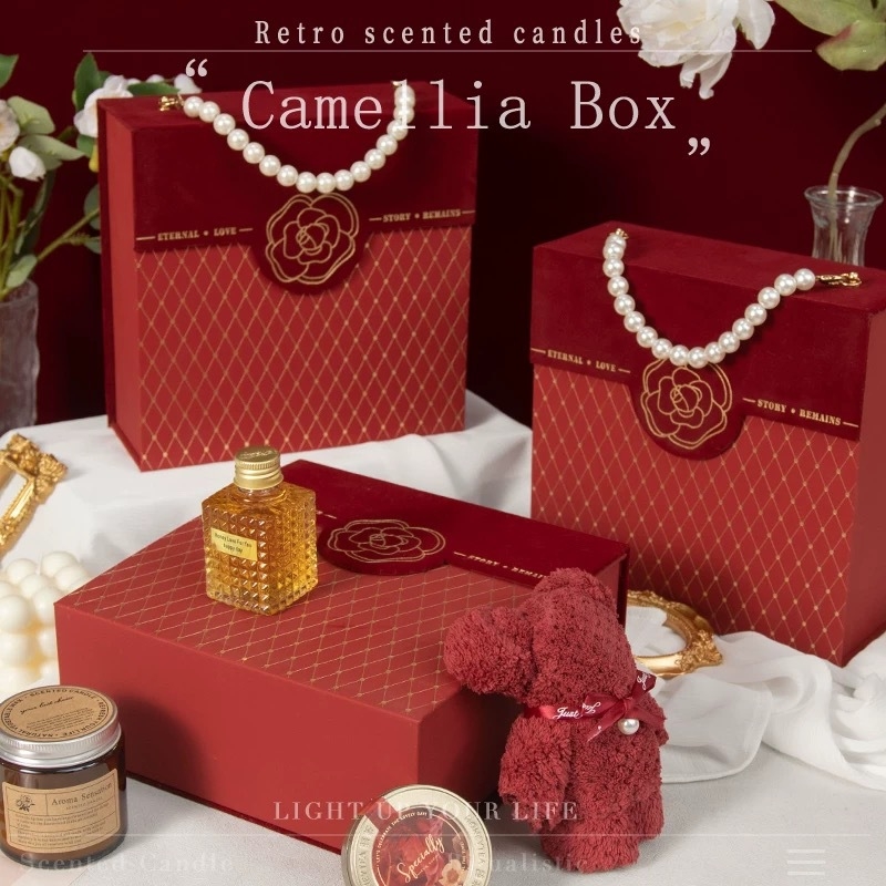 Cutie cadou Camellia - goală, cutie portabilă pentru bomboane, cu plasă bronzată pentru ambalare de nuntă