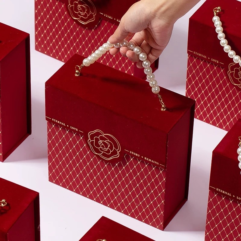 Cutie cadou Camellia - goală, cutie portabilă pentru bomboane, cu plasă bronzată pentru ambalare de nuntă
