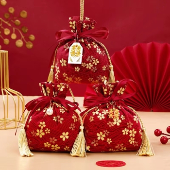 Sac de bomboane pentru nuntă și pungă de catifea în stil chinezesc, aer vintage al Republicii Chineze, închidere cu șnur rotund