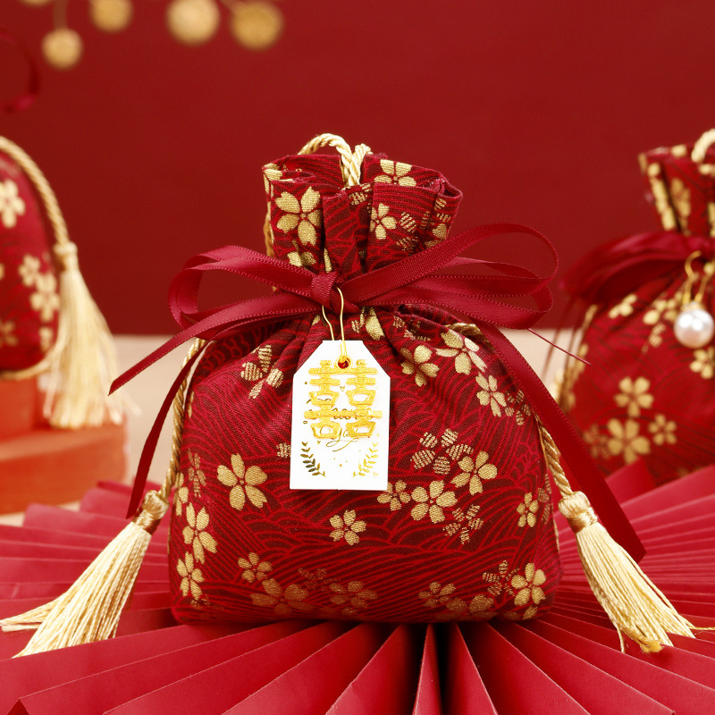 Sac de bomboane pentru nuntă și pungă de catifea în stil chinezesc, aer vintage al Republicii Chineze, închidere cu șnur rotund