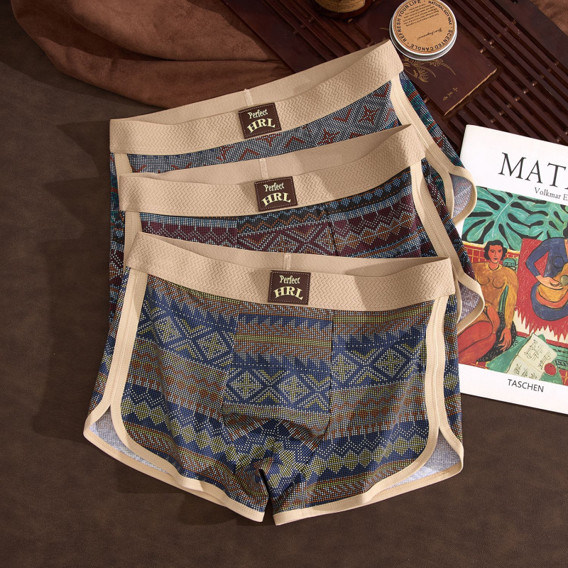 Muške boxerice u retro etničkom stilu, prozračan pamuk, boxer briefs sa srednjom visinom struka, velika veličina