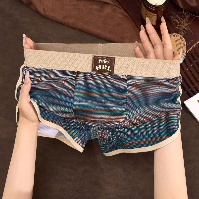 Muške boxerice u retro etničkom stilu, prozračan pamuk, boxer briefs sa srednjom visinom struka, velika veličina
