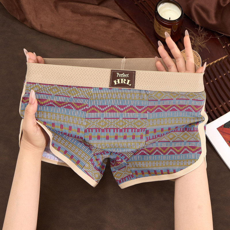 Muške boxerice u retro etničkom stilu, prozračan pamuk, boxer briefs sa srednjom visinom struka, velika veličina