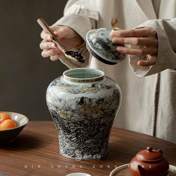 Recipient ceramic pentru ceai în stil antic, albastru-azuriu, mare, în cutie cadou, ambalaj universal pentru ceai