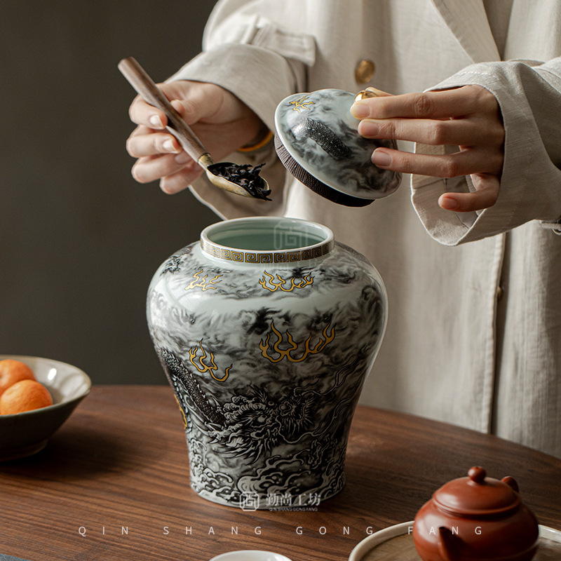 Recipient ceramic pentru ceai în stil antic, albastru-azuriu, mare, în cutie cadou, ambalaj universal pentru ceai