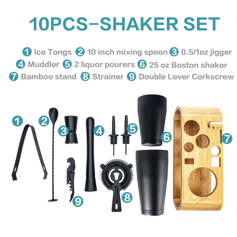 800/600 Boston cu fund dublu, negru, set de 10 piese pentru shaker de cocktail cu suport de depozitare