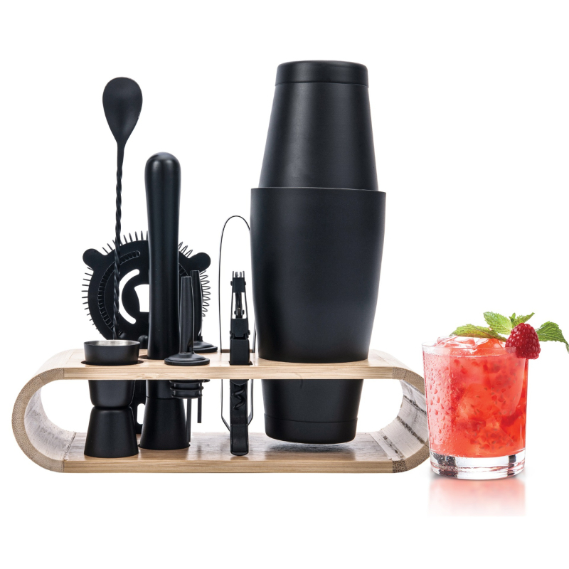 800/600 Boston cu fund dublu, negru, set de 10 piese pentru shaker de cocktail cu suport de depozitare