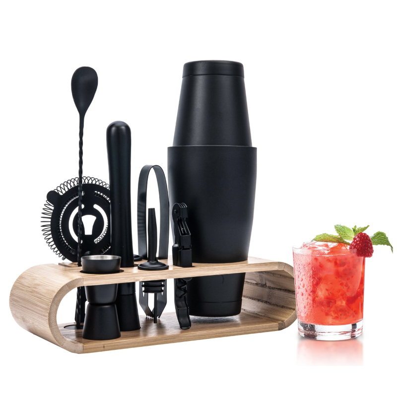 800/600 Boston cu fund dublu, negru, set de 10 piese pentru shaker de cocktail cu suport de depozitare