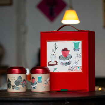 Cutie cadou pentru ceai, goală, cu trei sortimente de ceai, design inspirat din Asia de Est, 250 g, recipiente rotunde duble