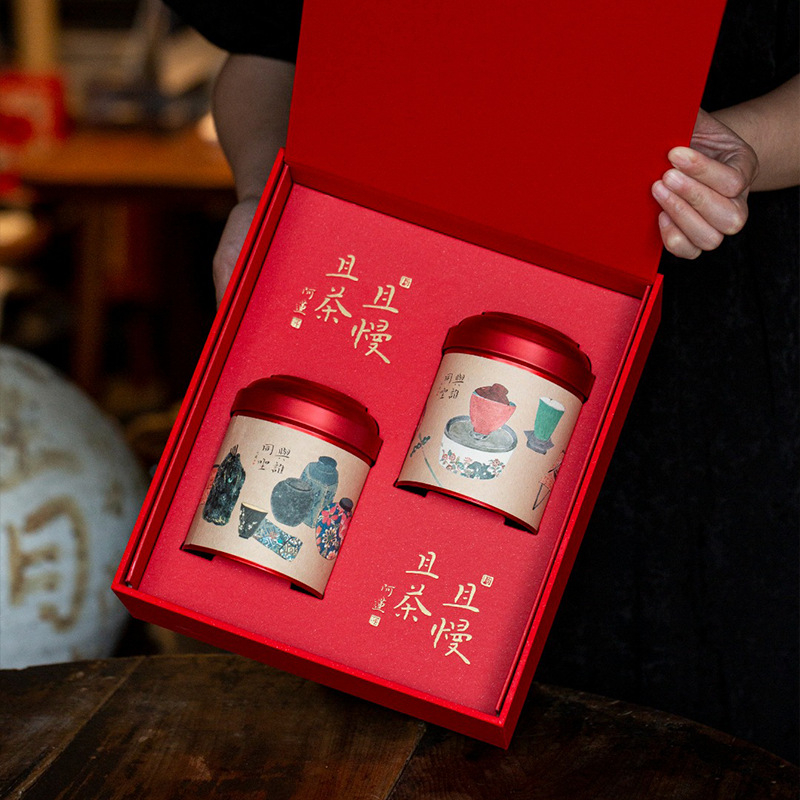 Cutie cadou pentru ceai, goală, cu trei sortimente de ceai, design inspirat din Asia de Est, 250 g, recipiente rotunde duble