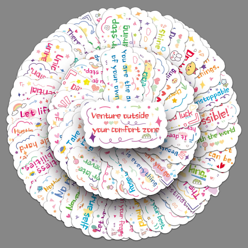100 afirmații motivaționale în engleză — stickere drăguțe, în stil desen animat, pentru căni, telefoane și agende