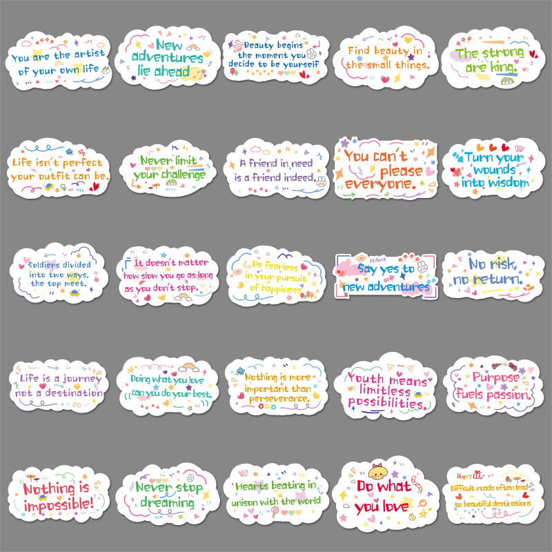 100 afirmații motivaționale în engleză — stickere drăguțe, în stil desen animat, pentru căni, telefoane și agende