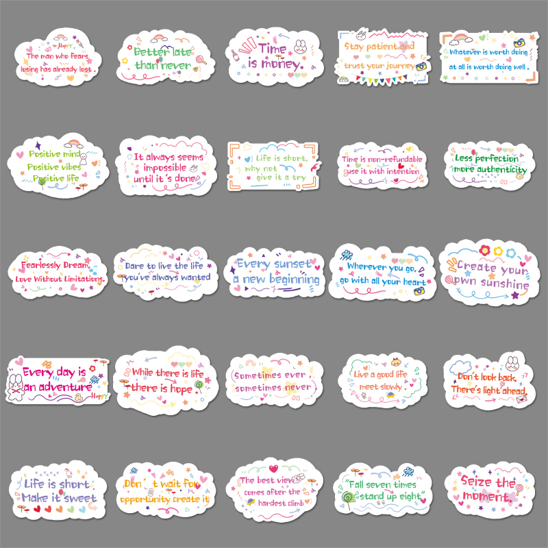 100 afirmații motivaționale în engleză — stickere drăguțe, în stil desen animat, pentru căni, telefoane și agende