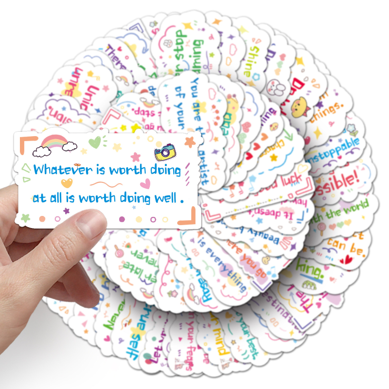 100 afirmații motivaționale în engleză — stickere drăguțe, în stil desen animat, pentru căni, telefoane și agende
