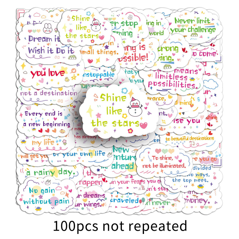 100 afirmații motivaționale în engleză — stickere drăguțe, în stil desen animat, pentru căni, telefoane și agende