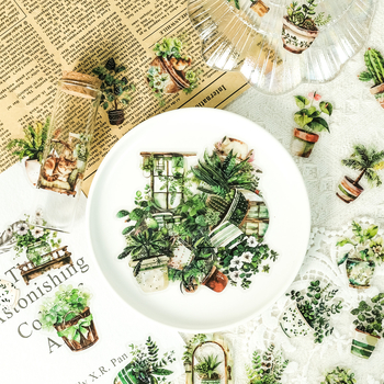 Set de 50 etichete PET verzi cu plante pentru DIY husă telefon, jurnal, frigider, caiet și skateboard; autocolante transparente rezistente la apă