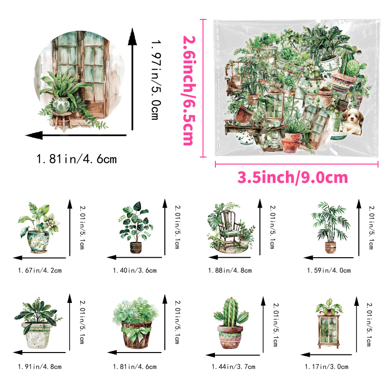 Set de 50 etichete PET verzi cu plante pentru DIY husă telefon, jurnal, frigider, caiet și skateboard; autocolante transparente rezistente la apă