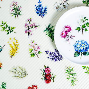56 de autocolante PET transparente, cu plante și flori în nuanțe retro, în stil artistic, pentru decorarea elevilor