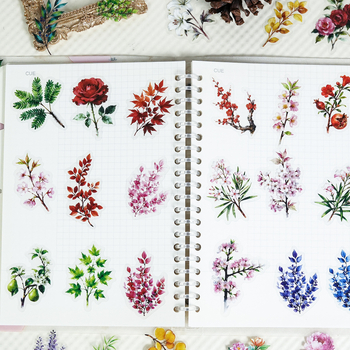 56 de autocolante PET transparente, cu plante și flori în nuanțe retro, în stil artistic, pentru decorarea elevilor