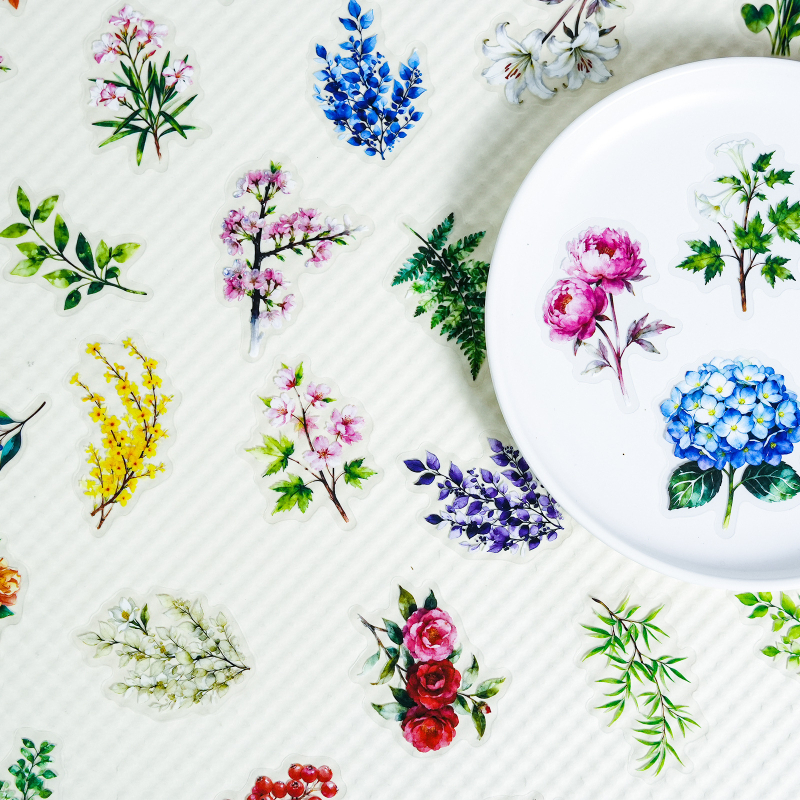 56 de autocolante PET transparente, cu plante și flori în nuanțe retro, în stil artistic, pentru decorarea elevilor