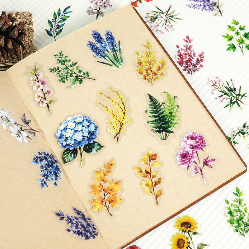 56 de autocolante PET transparente, cu plante și flori în nuanțe retro, în stil artistic, pentru decorarea elevilor