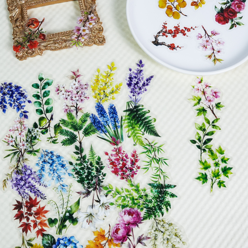 56 de autocolante PET transparente, cu plante și flori în nuanțe retro, în stil artistic, pentru decorarea elevilor