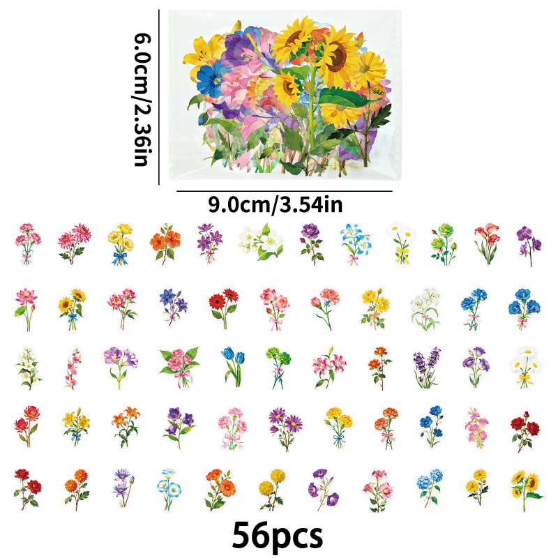 56 de autocolante PET transparente cu buchet în acuarelă, autocolante decorative impermeabile