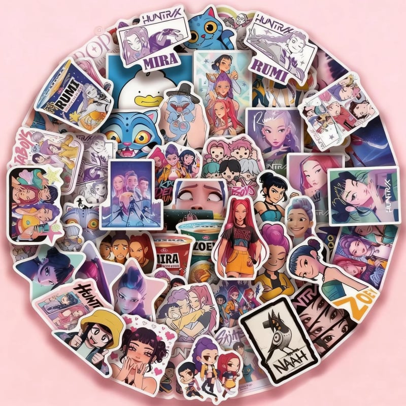 Set de 60 autocolante impermeabile cu tema grupelor feminine și masculine de vânătoare a vrăjitoarelor, inspirate de idoli coreeni, pentru sticle de apă, caiete și laptopuri.