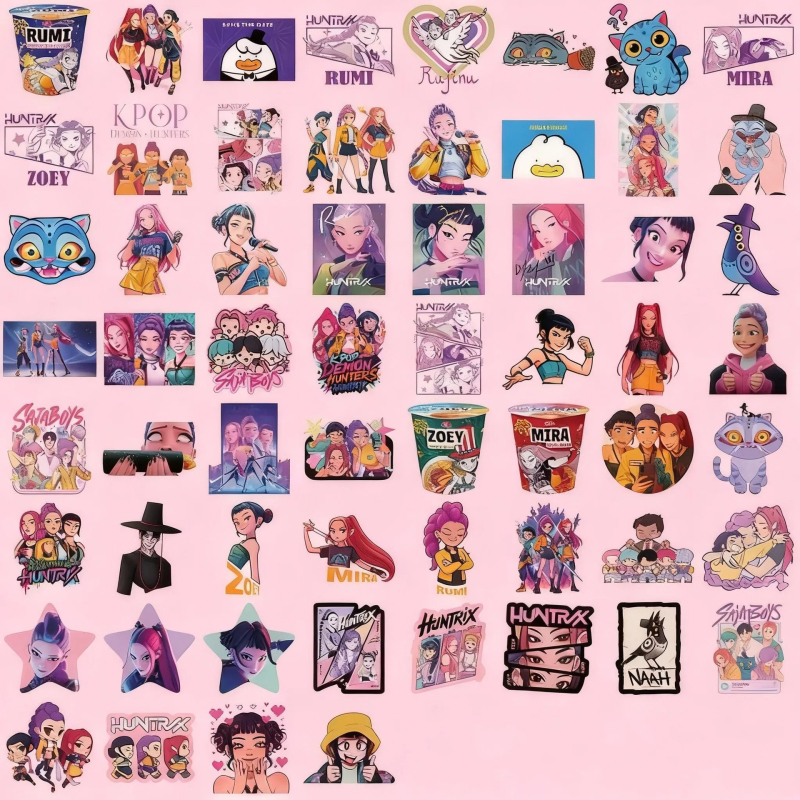 Set de 60 autocolante impermeabile cu tema grupelor feminine și masculine de vânătoare a vrăjitoarelor, inspirate de idoli coreeni, pentru sticle de apă, caiete și laptopuri.