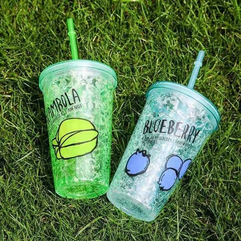 Pahar de răcire de vară cu gheață zdrobită, design cu fructe desenate pentru elevi, pahar din plastic cu capac glisant dublu și pai – personalizabil