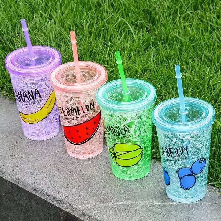 Pahar de răcire de vară cu gheață zdrobită, design cu fructe desenate pentru elevi, pahar din plastic cu capac glisant dublu și pai – personalizabil