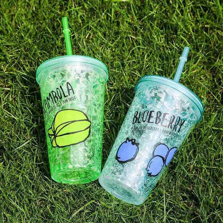 Pahar de răcire de vară cu gheață zdrobită, design cu fructe desenate pentru elevi, pahar din plastic cu capac glisant dublu și pai – personalizabil