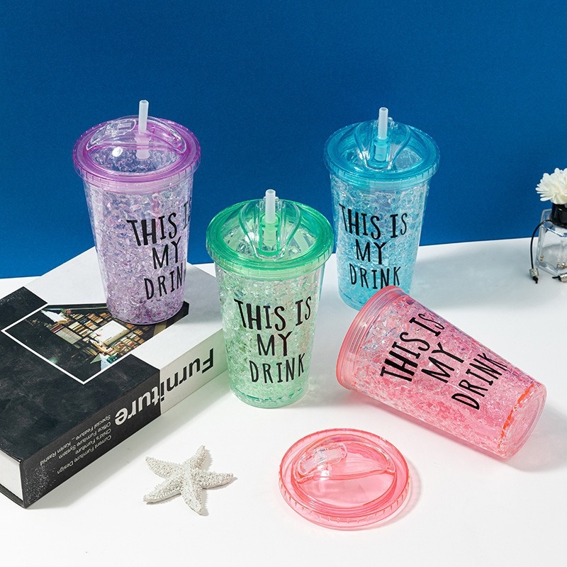 Cană cu gheață zdrobită și pai, stil coreean, pereți dubli izolați pentru apă, pentru femei și studenți