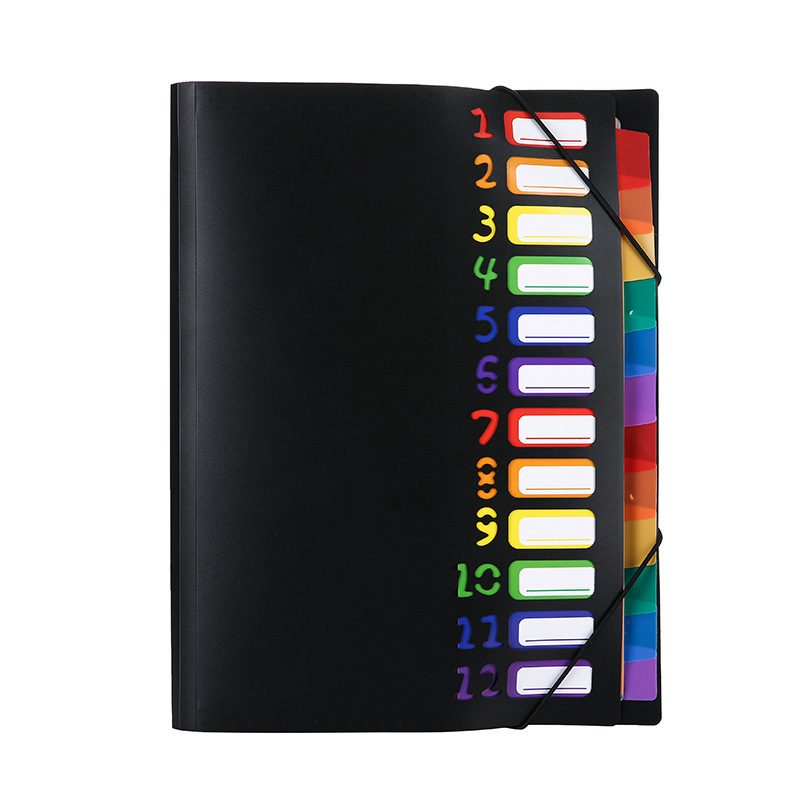 Mapă acordeon cu 13 compartimente, organizator multistrat pentru documente de birou, culori curcubeu, sfoară de legare din PP