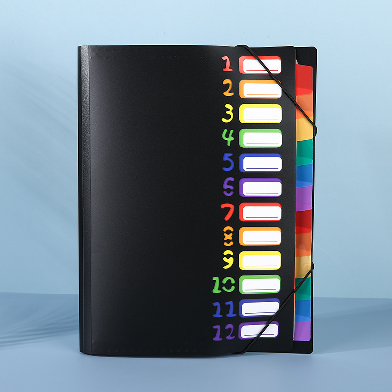 Mapă acordeon cu 13 compartimente, organizator multistrat pentru documente de birou, culori curcubeu, sfoară de legare din PP