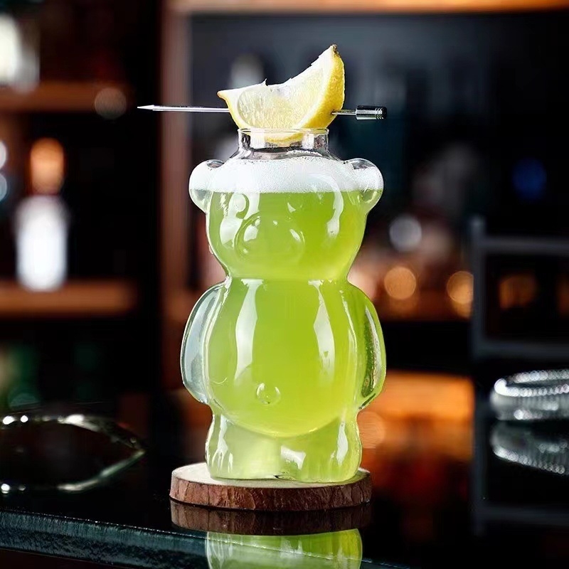 Pahar de cocktail în formă de ursuleț, sticlă borosilicat, 301–400 ml, design creativ pentru gastronomie moleculară la bar