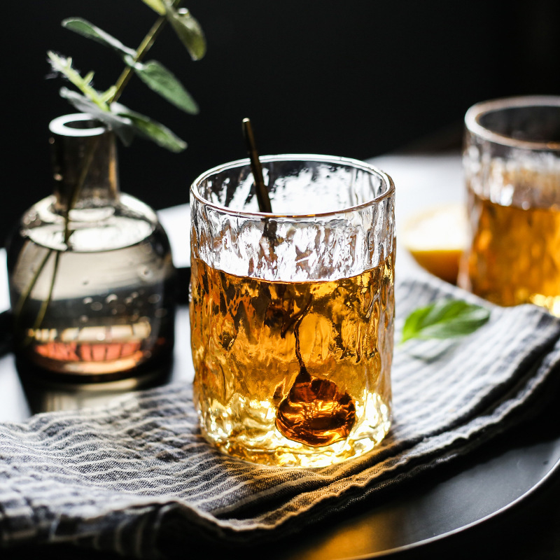 Pahar din sticlă borosilicat, cu un singur strat, transparent, textură ciocnită – pentru apă, cocktailuri, whisky și băuturi reci, uz casnic