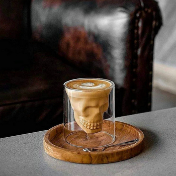 Pahar din sticlă cu formă de craniu, transparent, pereți dubli, pentru cafea și cocktailuri