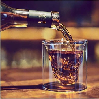 Pahar din sticlă cu formă de craniu, transparent, pereți dubli, pentru cafea și cocktailuri