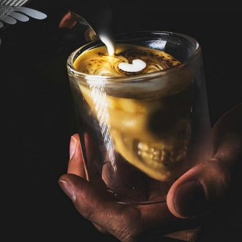 Pahar din sticlă cu formă de craniu, transparent, pereți dubli, pentru cafea și cocktailuri