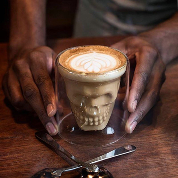 Pahar din sticlă cu formă de craniu, transparent, pereți dubli, pentru cafea și cocktailuri