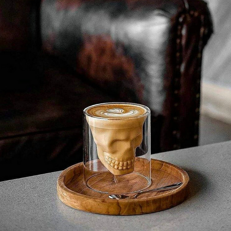 Pahar din sticlă cu formă de craniu, transparent, pereți dubli, pentru cafea și cocktailuri