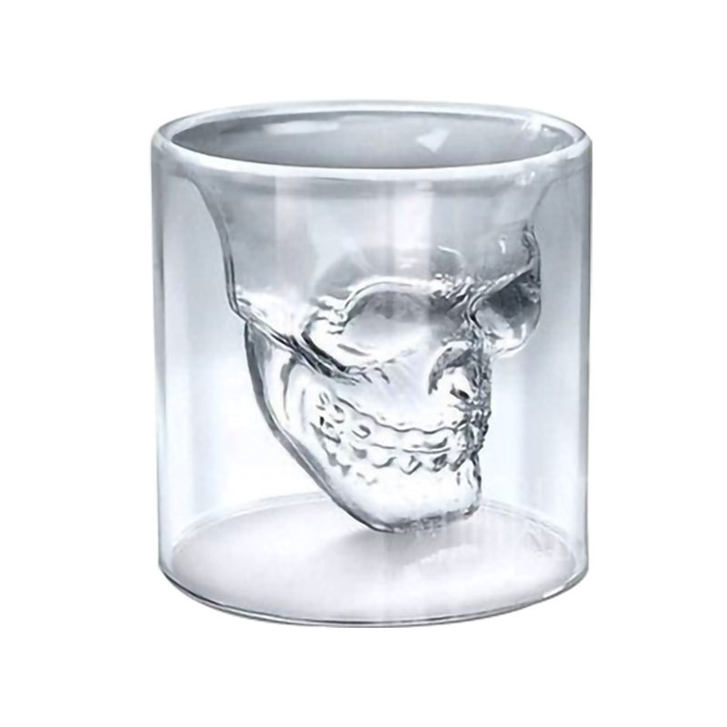 Pahar din sticlă cu formă de craniu, transparent, pereți dubli, pentru cafea și cocktailuri