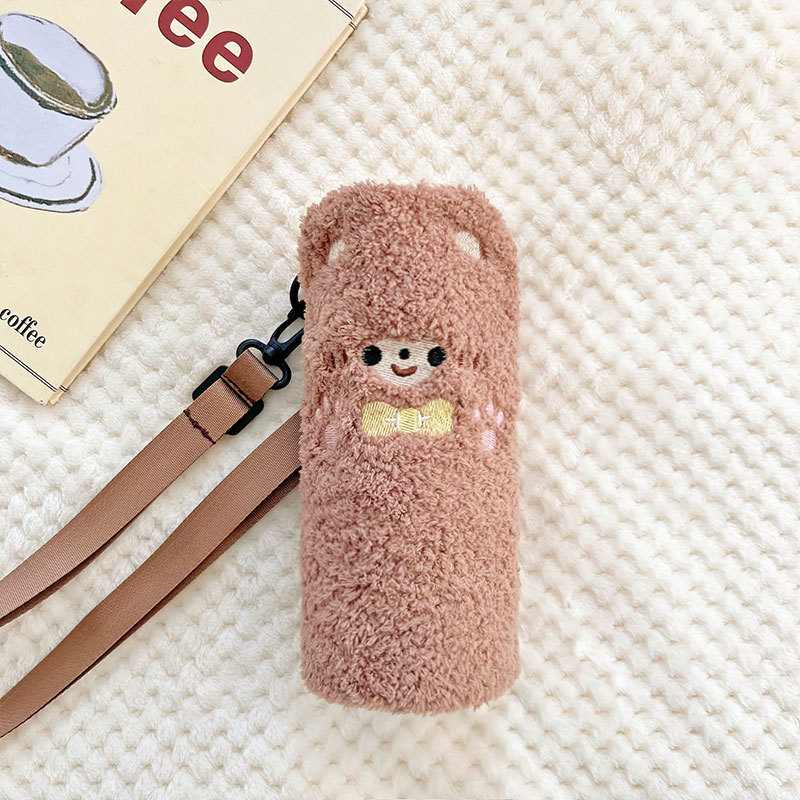 Husă pluș pentru ceașcă izolantă cu curea crossbody, design desen animat, capacitate mare