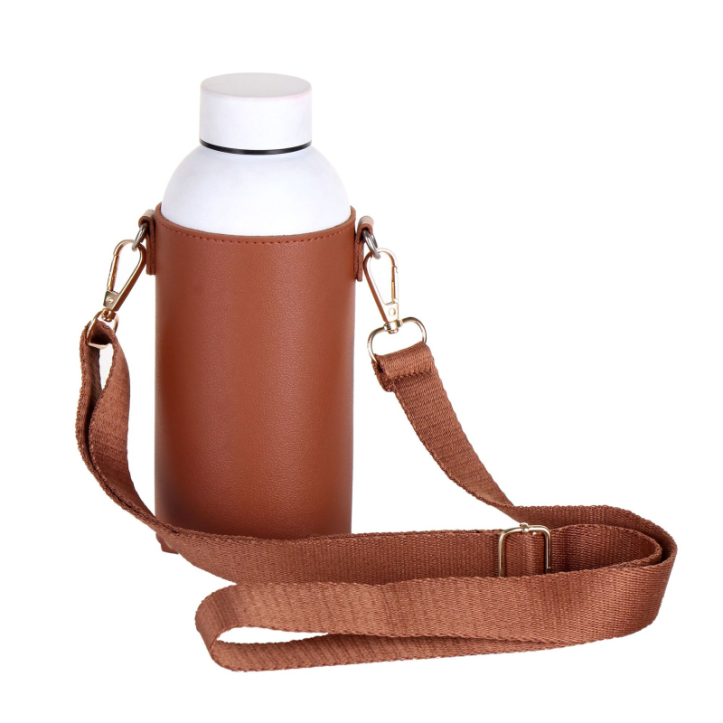 Husă pentru pahar din piele sintetică, 600 ml, diametrul 7 cm, curea crossbody, imprimare a logo-ului