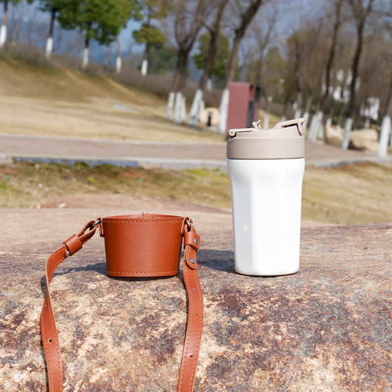 Husă PU pentru pahar cu curea crossbody, acoperire din piele pentru ceai cu lapte și cafea, portabil