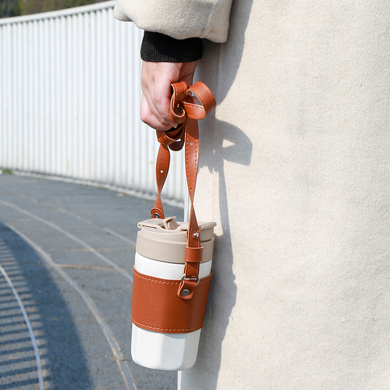 Husă PU pentru pahar cu curea crossbody, acoperire din piele pentru ceai cu lapte și cafea, portabil