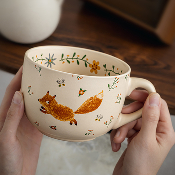 Ceașcă ceramică pentru mic dejun cu capac, capacitate mare, pentru ovăz și iaurt, stil vintage.